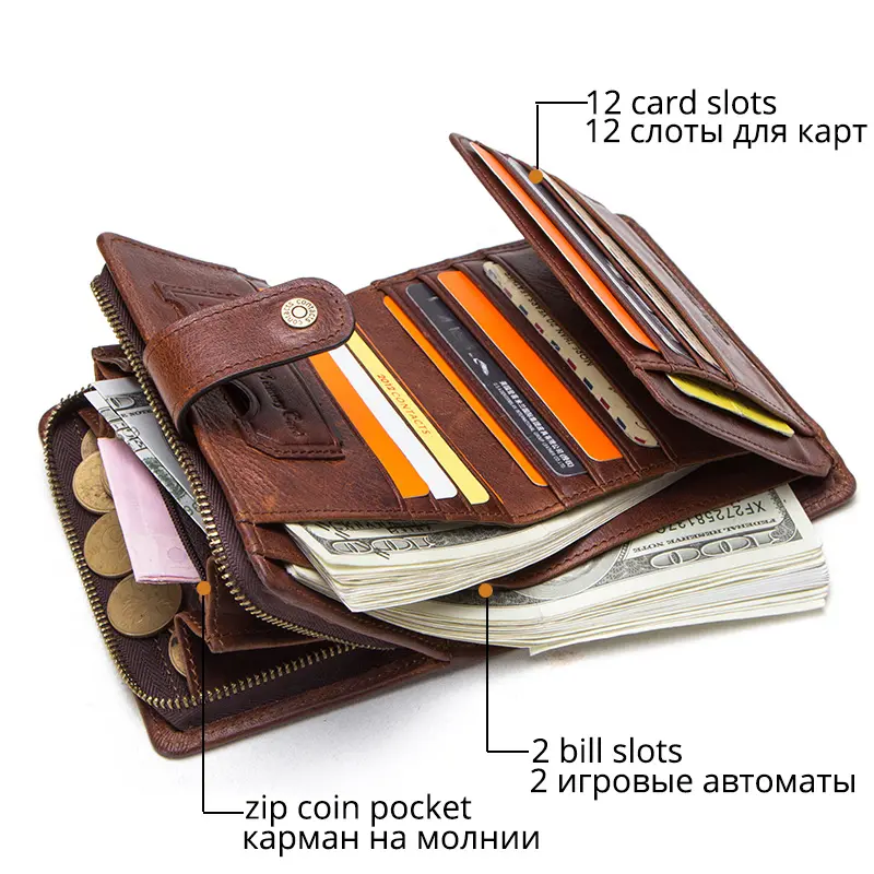 CONTACT'S Genuine Leather RFID Vintage Wallet Men With Coin Pocket Short Wallets Small Zipper Wallet With Card Holders Man Purse