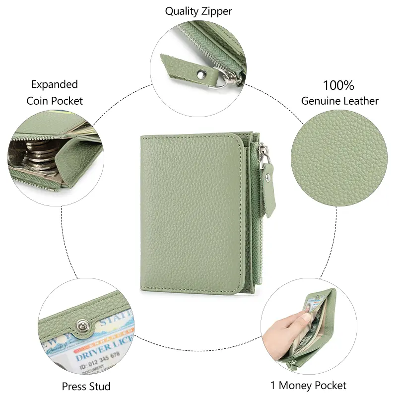 Women Genuine Leather Slim Short Wallet RFID Blocking Bi-Fold Wallet Credit Card Holder money clip wallet Zipper Coin pocket