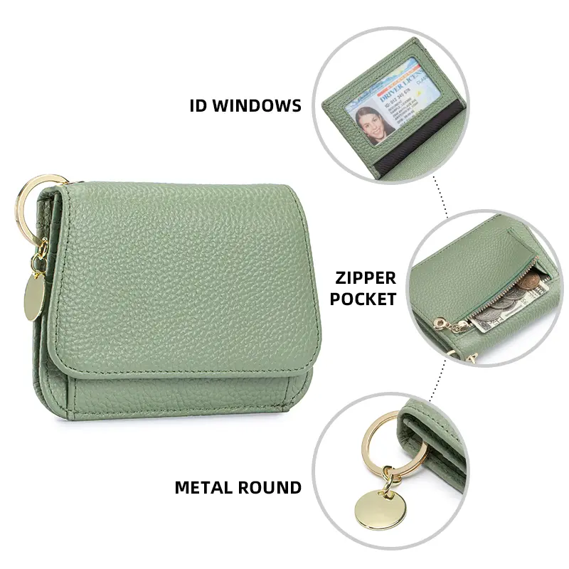 Women Genuine Leather Slim TriFold Wallet Credit Card Holder With Zipper Coin Pouch, ID Window & Keychain