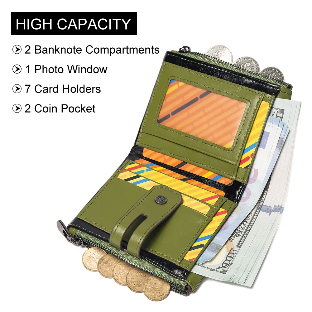 HUMERPAUL Top Layer Leather Women Wallets RFID Blocking Credit Card Holder Fashion Ladies Versatile Coin Purse Money Clip