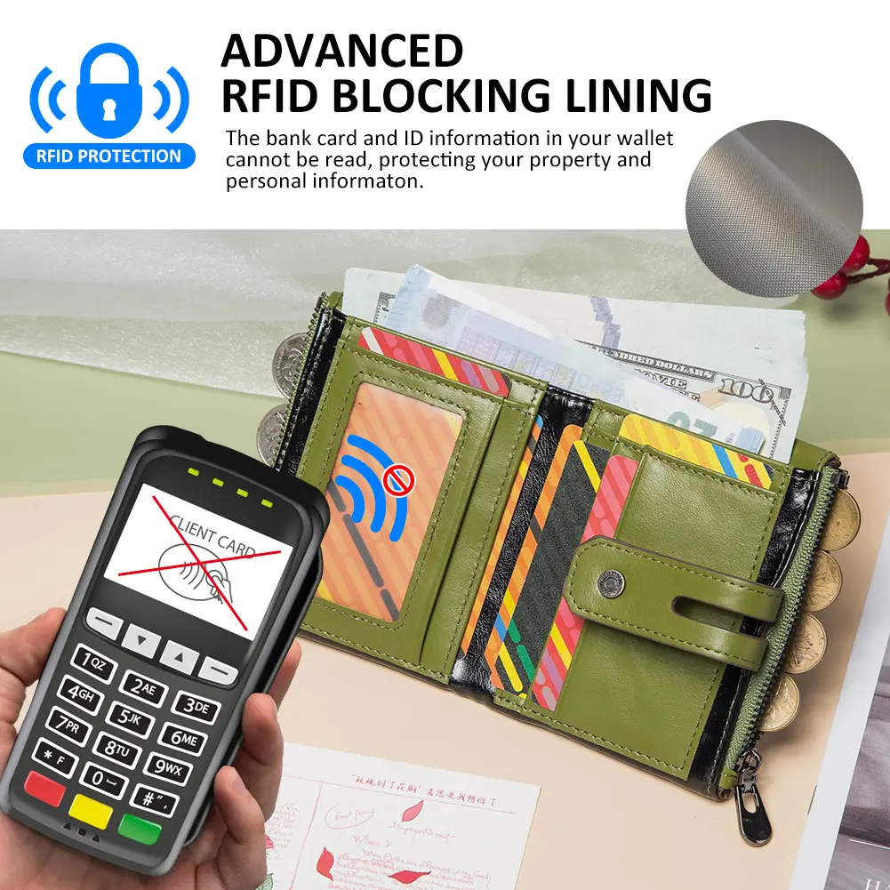 HUMERPAUL Top Layer Leather Women Wallets RFID Blocking Credit Card Holder Fashion Ladies Versatile Coin Purse Money Clip