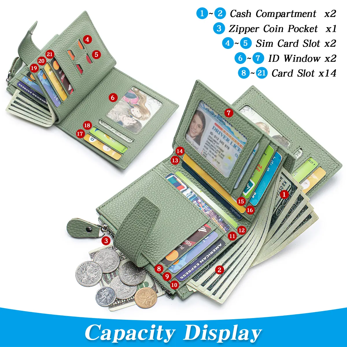 Genuine Leather Women RFID Blocking wallet Large Capacity Bifold Compact Card Holder Wallets Zipper Coin Pocket 4 ID Window