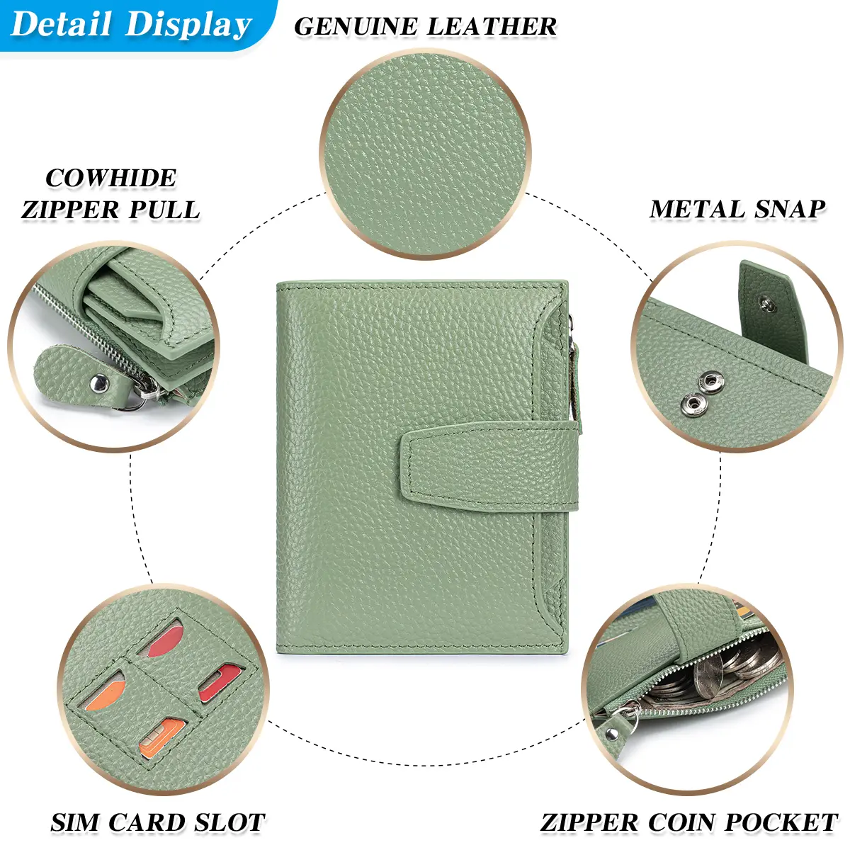 Genuine Leather Women RFID Blocking wallet Large Capacity Bifold Compact Card Holder Wallets Zipper Coin Pocket 4 ID Window