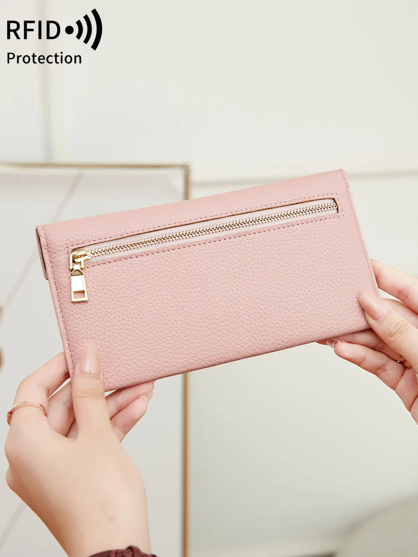 New RFIDUltra-thin Women's LongWallet Envelope Buckle Lychee Grain Clutch Large Capacity Multi-CardSlot Coin Purse Women'sWallet