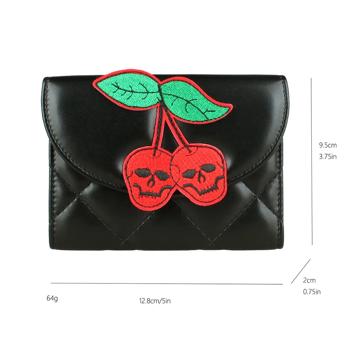 Americana Style Trifold Wallet with Skull Cherry Design, PU Leather Women's Halloween Themed Credit Card Holder