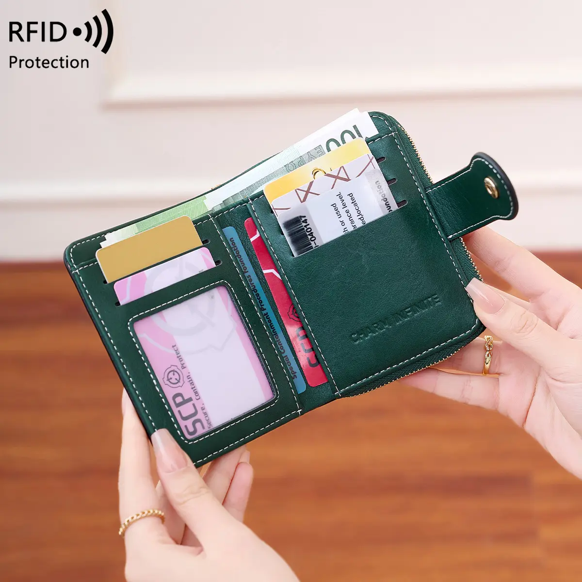 Women's RFID Blocking Wallet Multi-Card Holder Zipper Buckle Short Money Clip Retro Coin Wallet Functional Design
