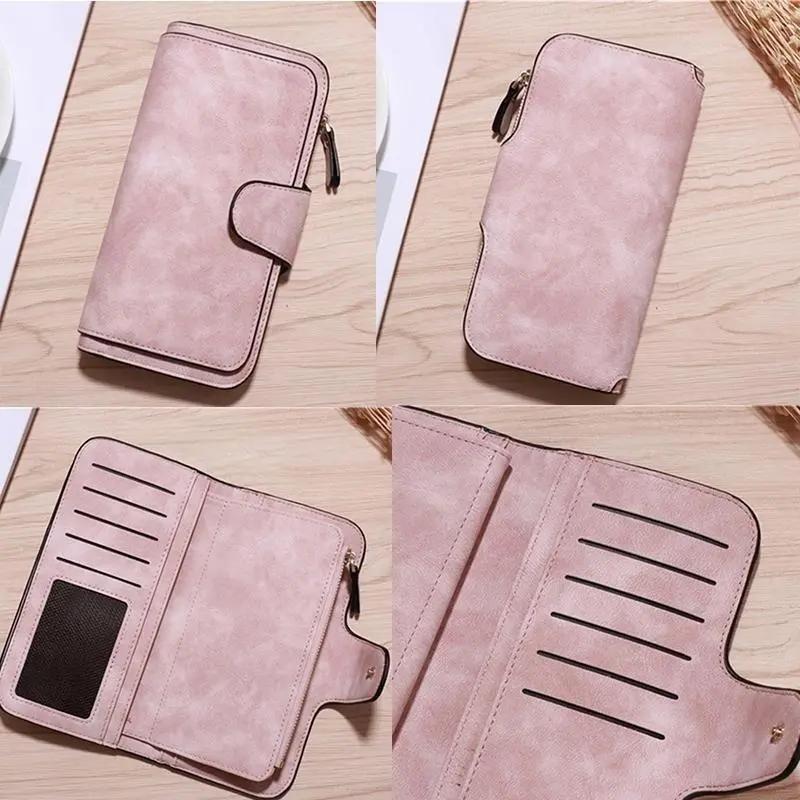 Women Wallet Frosted Leather Long Vintage Female Clutch Bag Credit Card Holder Ladies Zip Purse Phone Money Clip