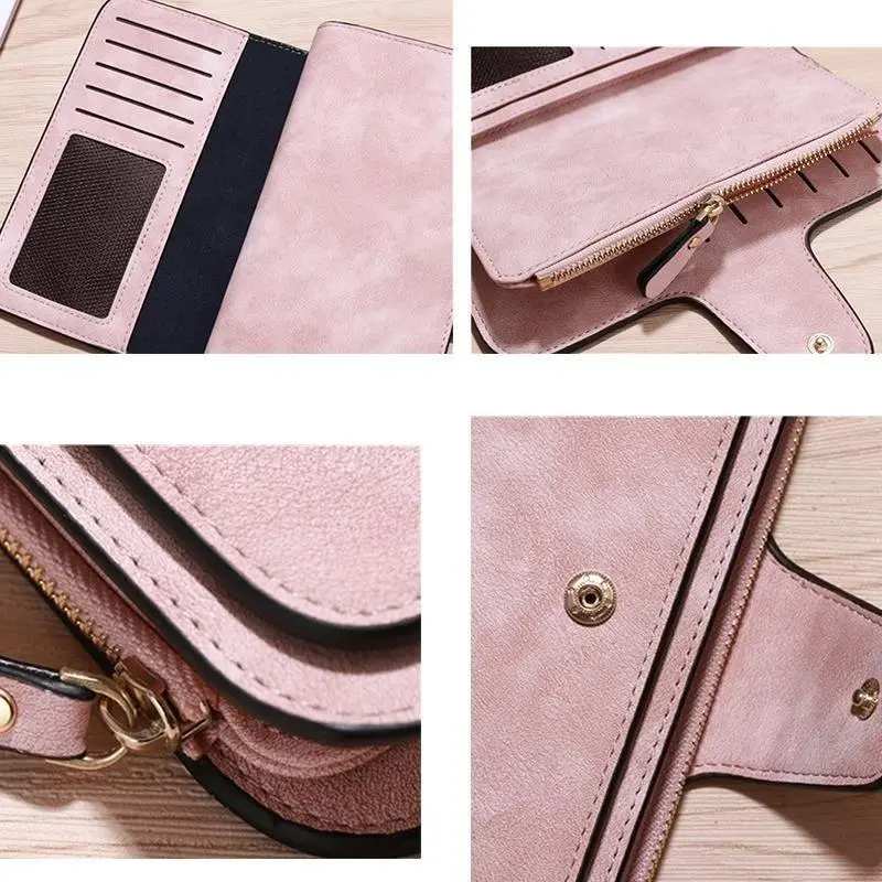 Women Wallet Frosted Leather Long Vintage Female Clutch Bag Credit Card Holder Ladies Zip Purse Phone Money Clip