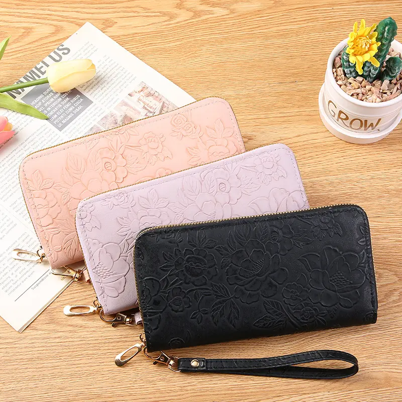2025 New Floral Embossed Long Wallet PU Leather Credit Card Holder Simple Trendy Phone Bag Coin Purse for Women Hand-held Wallet