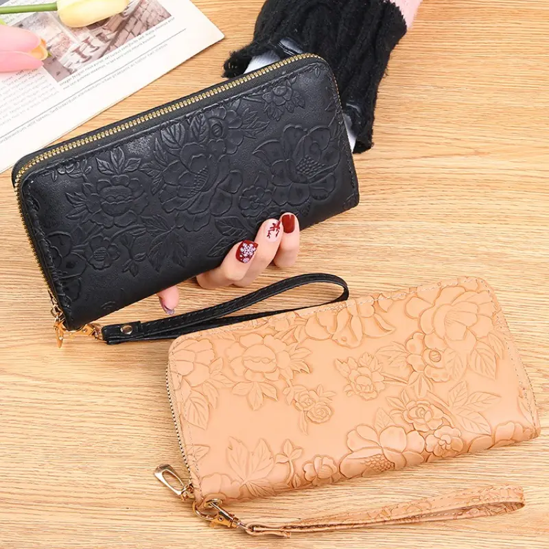 2025 New Floral Embossed Long Wallet PU Leather Credit Card Holder Simple Trendy Phone Bag Coin Purse for Women Hand-held Wallet