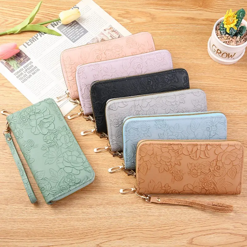 2025 New Floral Embossed Long Wallet PU Leather Credit Card Holder Simple Trendy Phone Bag Coin Purse for Women Hand-held Wallet