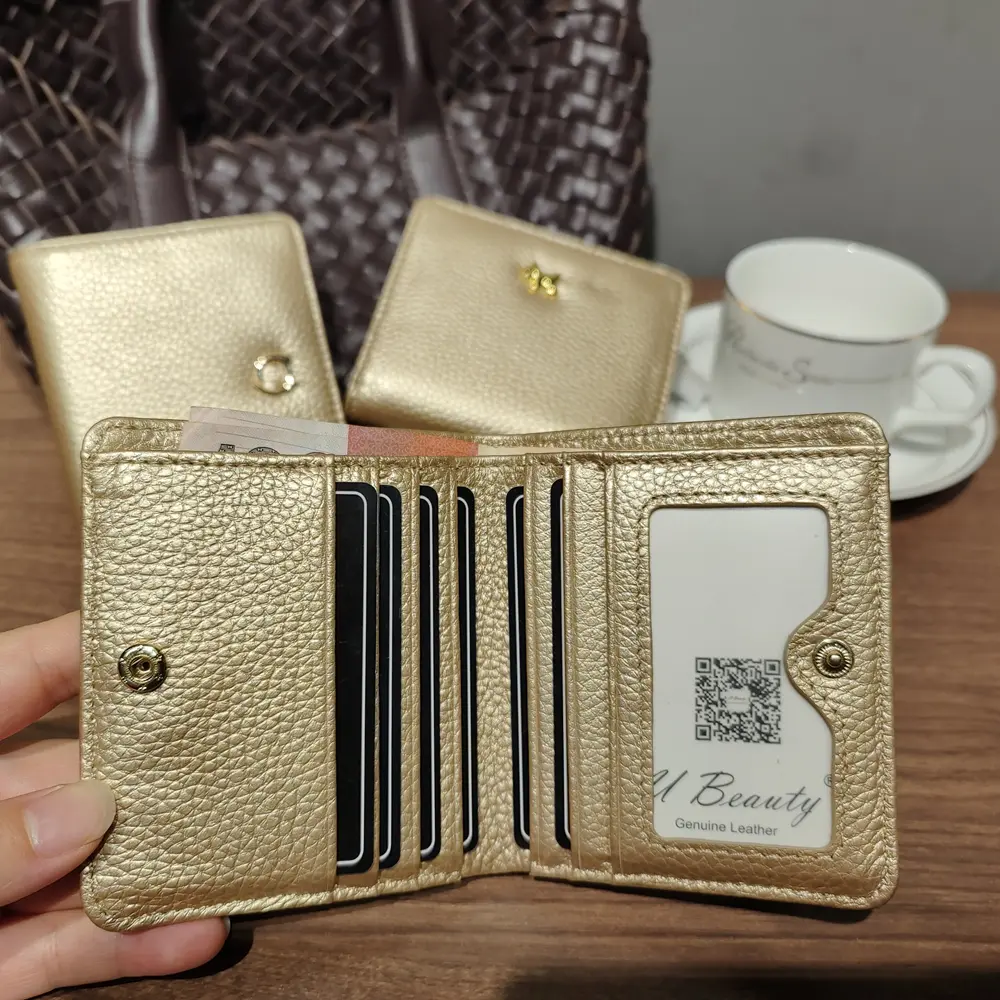 Luxury Gold Color Laminated Cow Leather Ladies Short Wallet ID Credit Card Holder Animal Deer Cat Dog Heart Button Women Purse