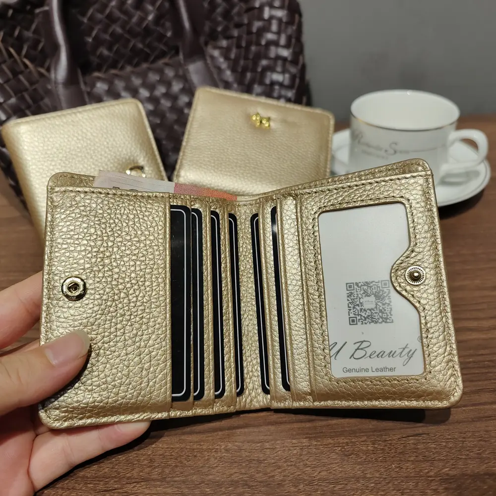 Luxury Gold Color Laminated Cow Leather Ladies Short Wallet ID Credit Card Holder Animal Deer Cat Dog Heart Button Women Purse