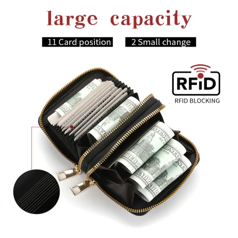 Double Zipper Card Holder Floral Pattern Zip Around Coin Purse Women's Faux Leather Credit Card Holder