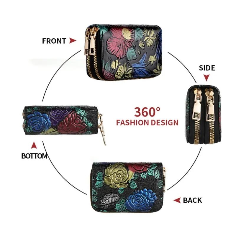 Double Zipper Card Holder Floral Pattern Zip Around Coin Purse Women's Faux Leather Credit Card Holder
