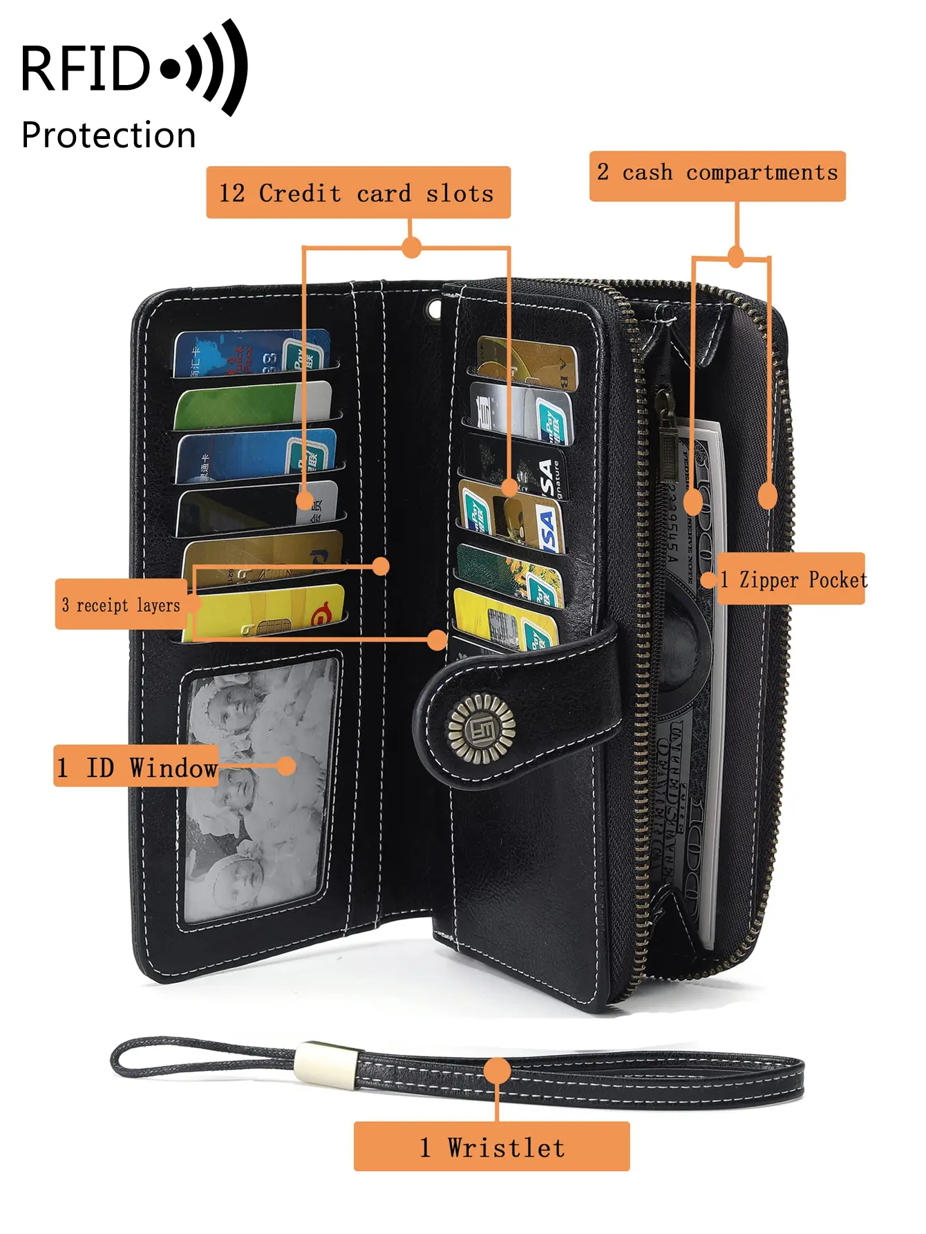 Vintage large capacity RFID barrier long wallet PU leather solid color women's handbag multifunctional zipper buckle wallet