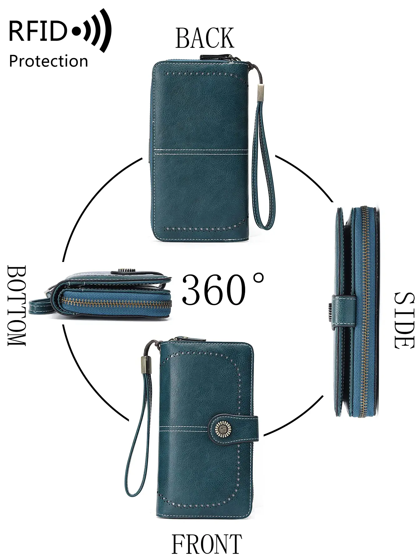 Vintage large capacity RFID barrier long wallet PU leather solid color women's handbag multifunctional zipper buckle wallet