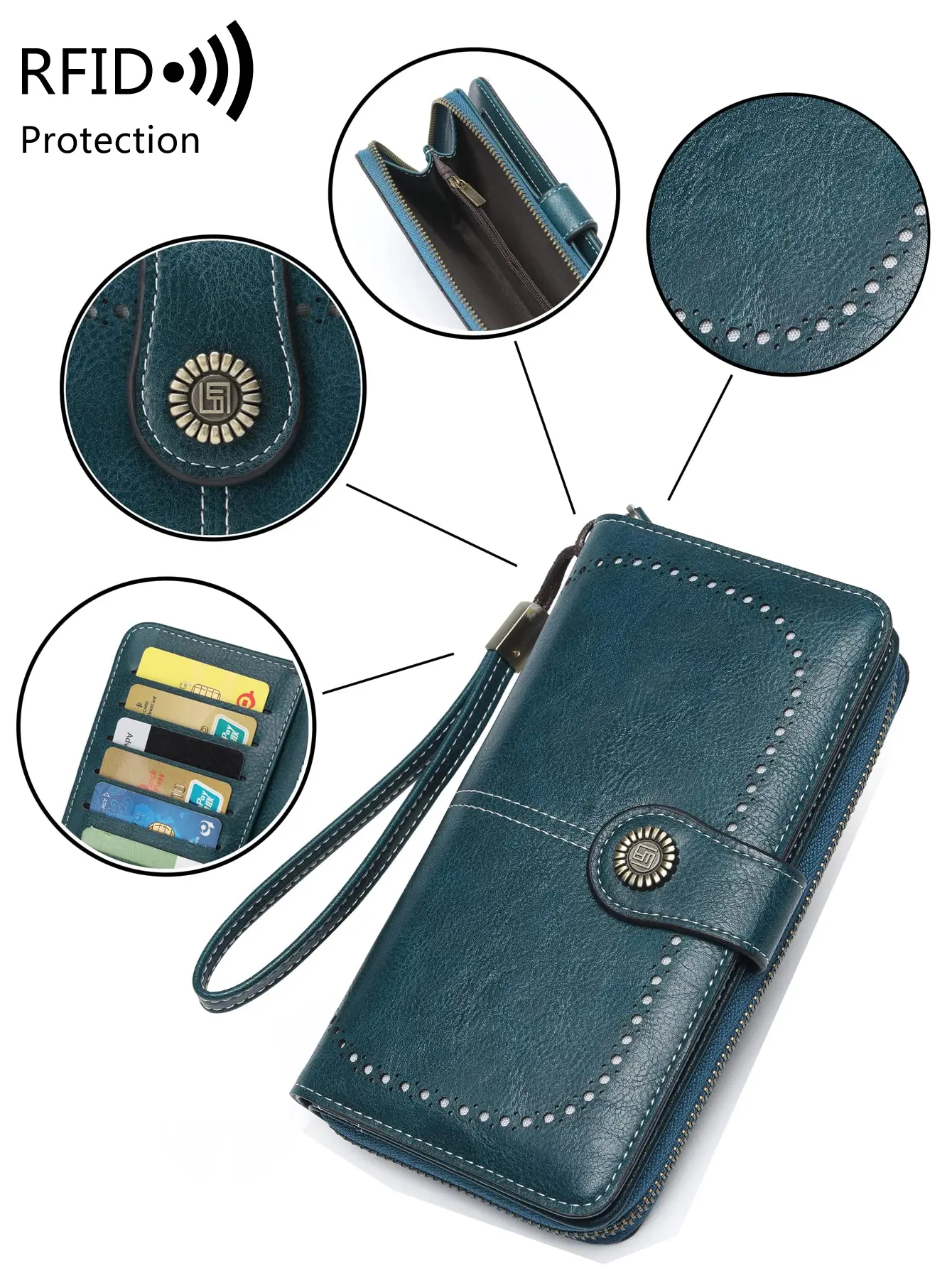 Vintage large capacity RFID barrier long wallet PU leather solid color women's handbag multifunctional zipper buckle wallet