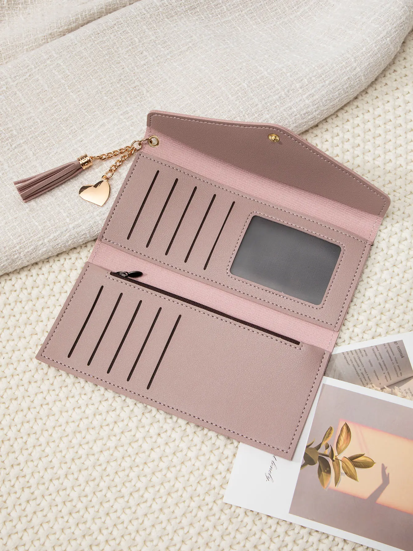 Simple and stylish three fold women's wallet PU leather large capacity long wallet tassel pendant solid color wallet card bag