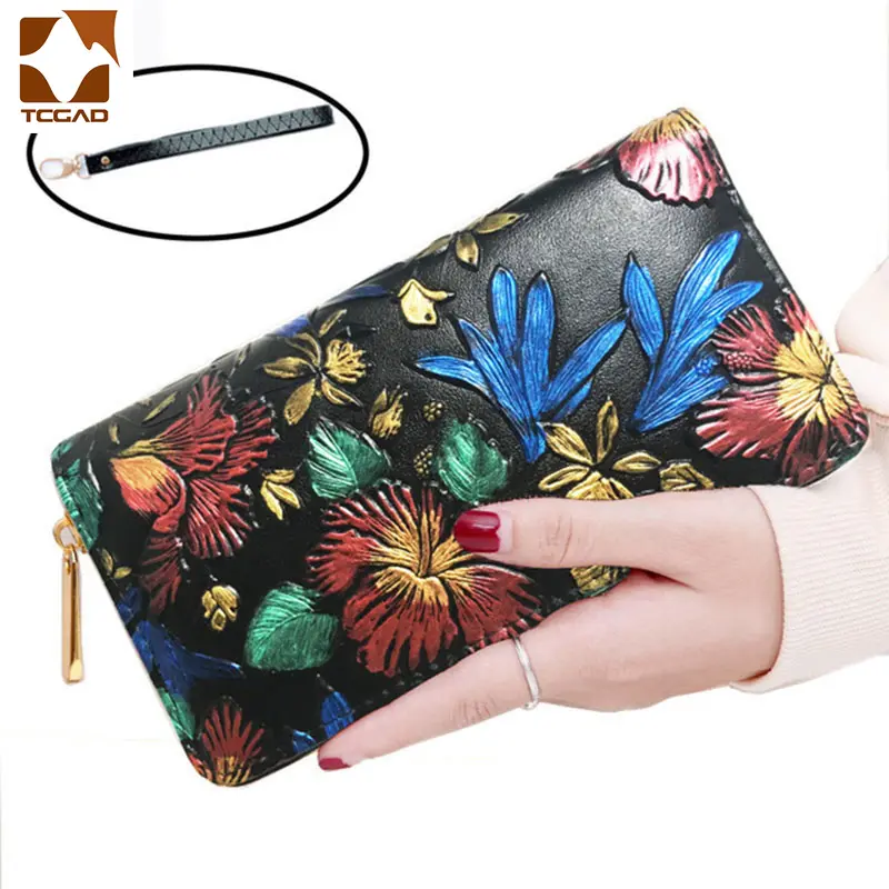 women's wallet Retro knurling Rose flower pattern long leather female wallet designer purse wristlet women phone bag sac femme