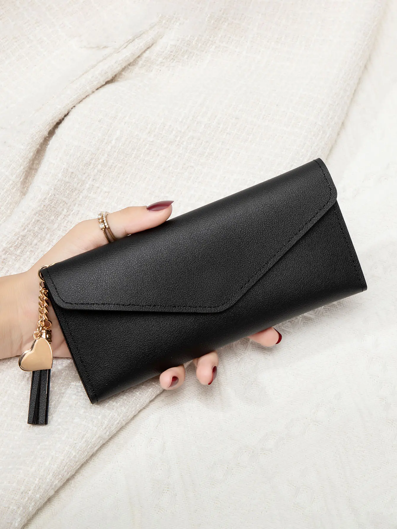 Simple and stylish three fold women's wallet PU leather large capacity long wallet tassel pendant solid color wallet card bag