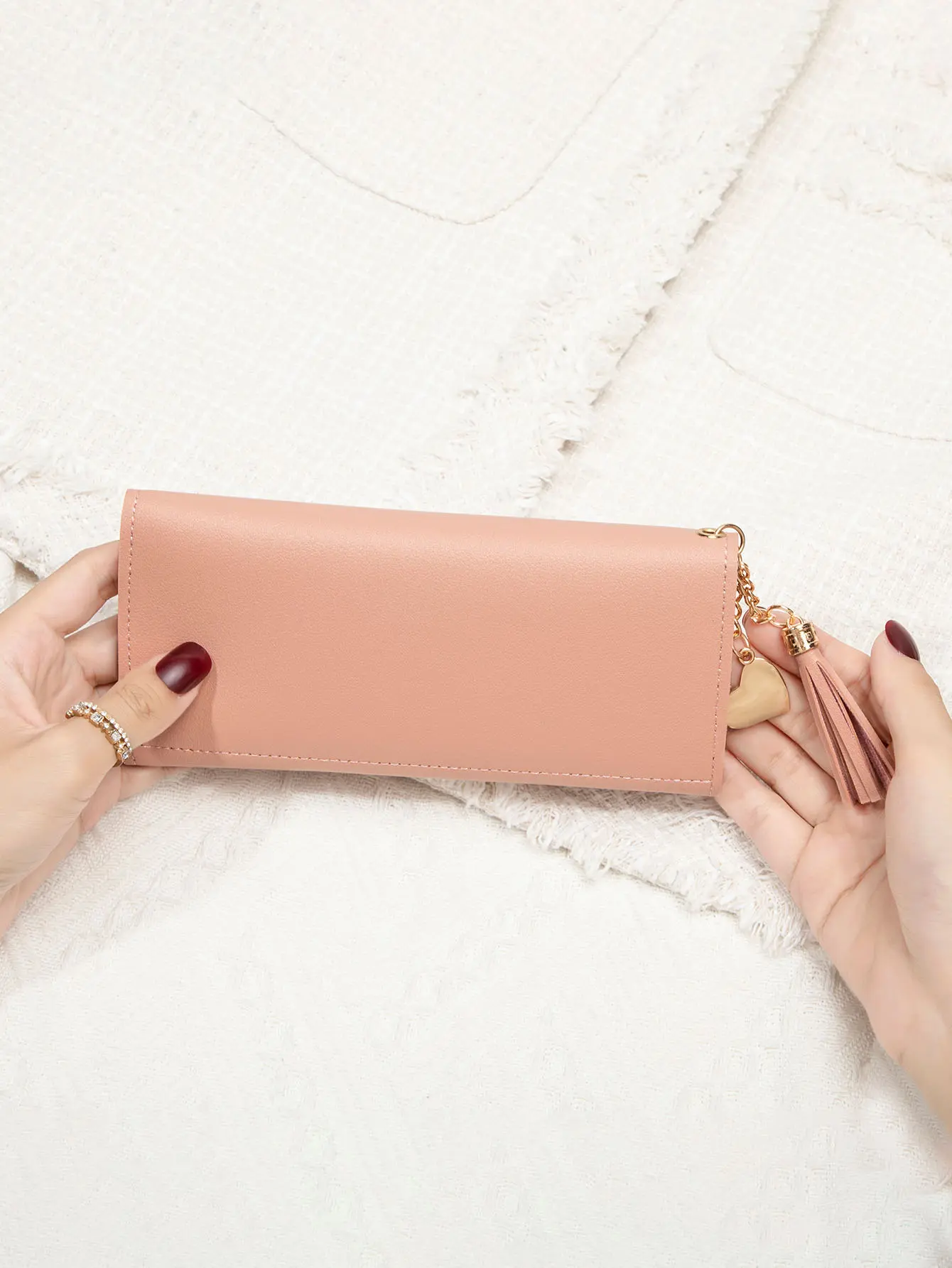 Simple and stylish three fold women's wallet PU leather large capacity long wallet tassel pendant solid color wallet card bag