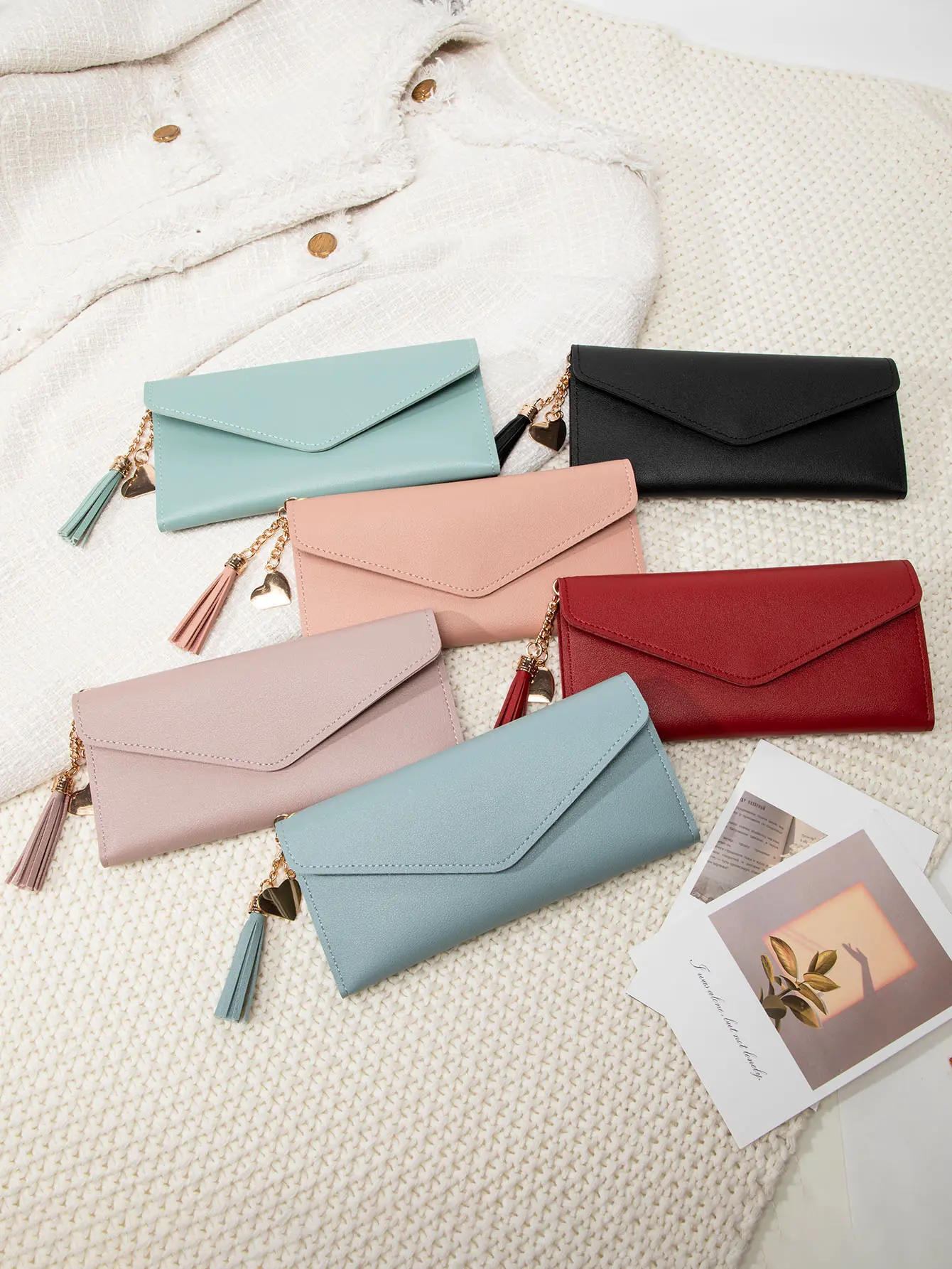 Simple and stylish three fold women's wallet PU leather large capacity long wallet tassel pendant solid color wallet card bag