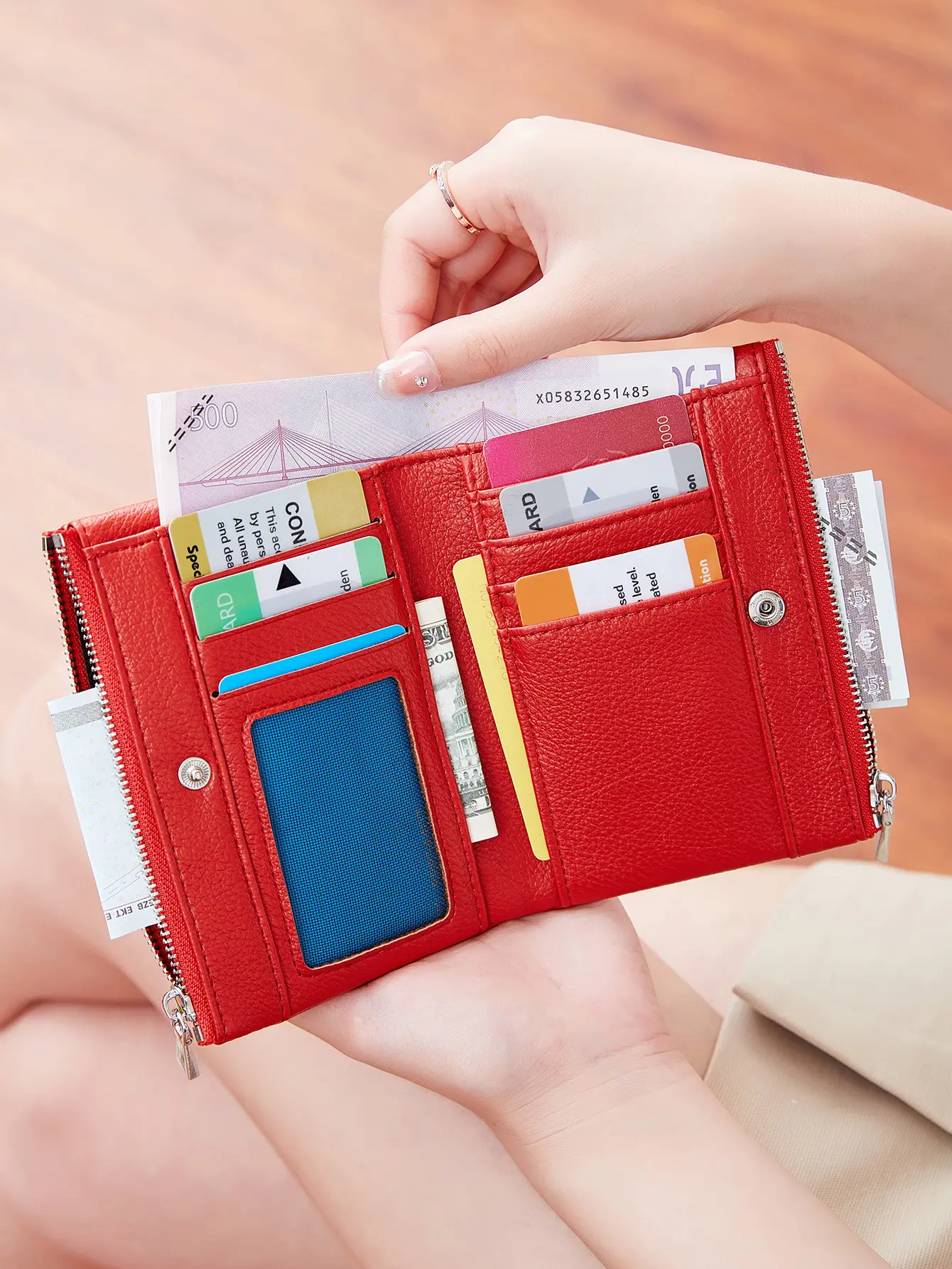 MIYIN Fashion PU Leather Short Wallet with Chain and ID Window Multi Card Slot Coin Bag Portable Buckle Multifunctional Wallet