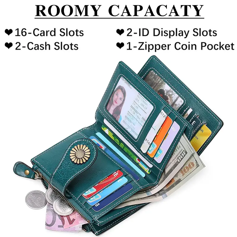 Genuine Leather Fashion RFID Wallet Women Clutch Credit Card Holder  Ladies Zipper Clutch Bag short Wallet  Casual Coin Purse