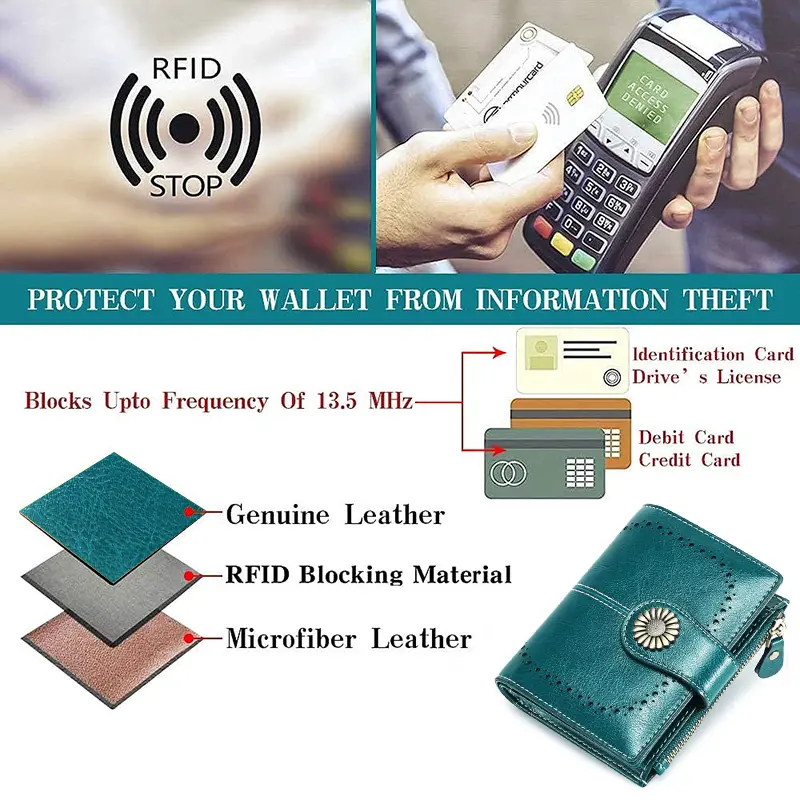 Genuine Leather Fashion RFID Wallet Women Clutch Credit Card Holder  Ladies Zipper Clutch Bag short Wallet  Casual Coin Purse