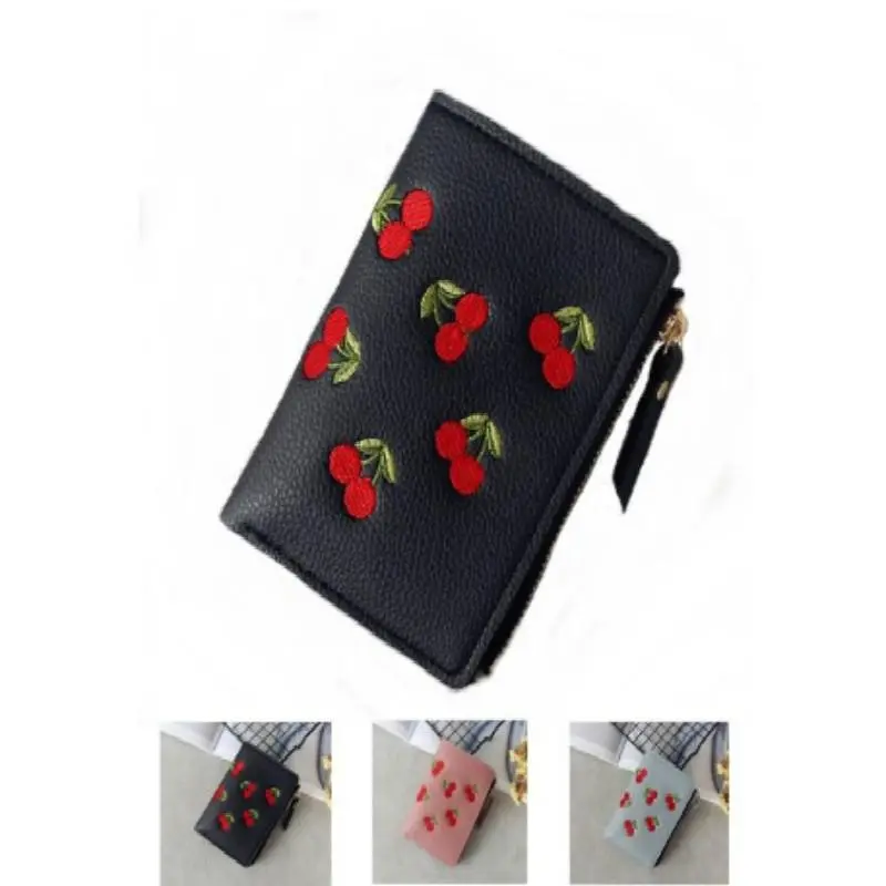 Women Vertical Buckle Cherry Embroidered Small Short Wallet Simple Wallet Girls Zipper Purse