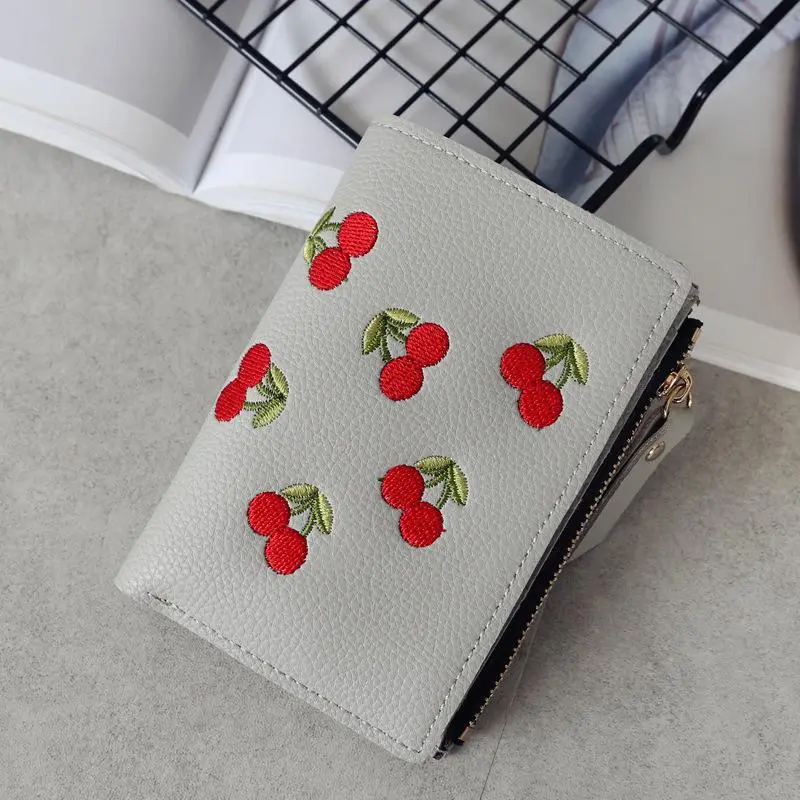 Women Vertical Buckle Cherry Embroidered Small Short Wallet Simple Wallet Girls Zipper Purse