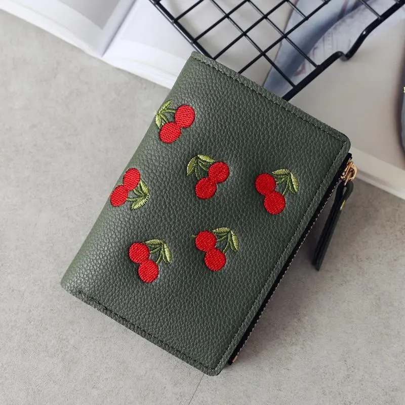 Women Vertical Buckle Cherry Embroidered Small Short Wallet Simple Wallet Girls Zipper Purse