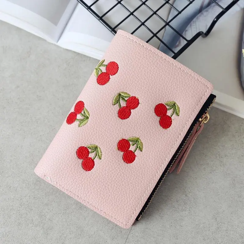 Women Vertical Buckle Cherry Embroidered Small Short Wallet Simple Wallet Girls Zipper Purse