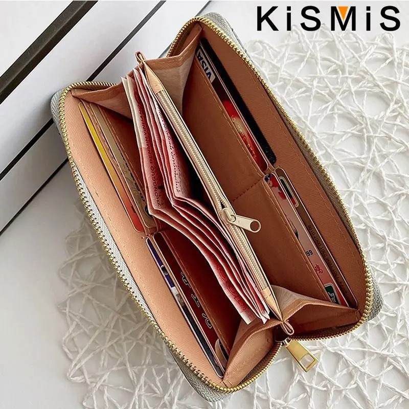 KISMIS New Medium and Long Zipper Women's Wallet - European and American Style Fashion with Pu Leather Woven Design