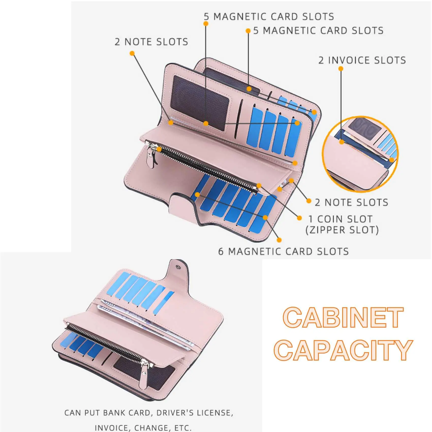 Large Capacity Women's Long Leather Wallet Zipper Buckle Multi-Card Triple Fold Coin Purse Clutch Bag Card Holder