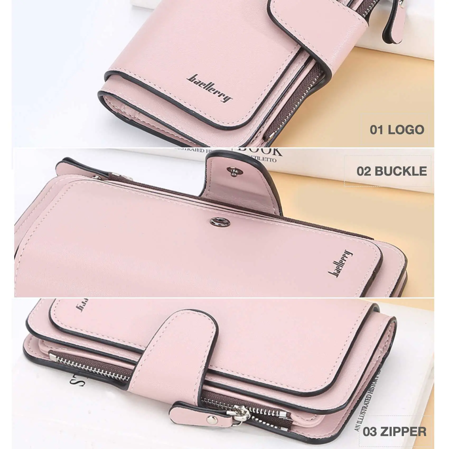 Large Capacity Women's Long Leather Wallet Zipper Buckle Multi-Card Triple Fold Coin Purse Clutch Bag Card Holder