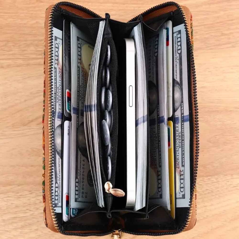 Bohemian Style Women's Wallet Retro Advanced Wallet with Wood Grain Portable Geometry Multiple Card Slots Card Holder Coin Purse