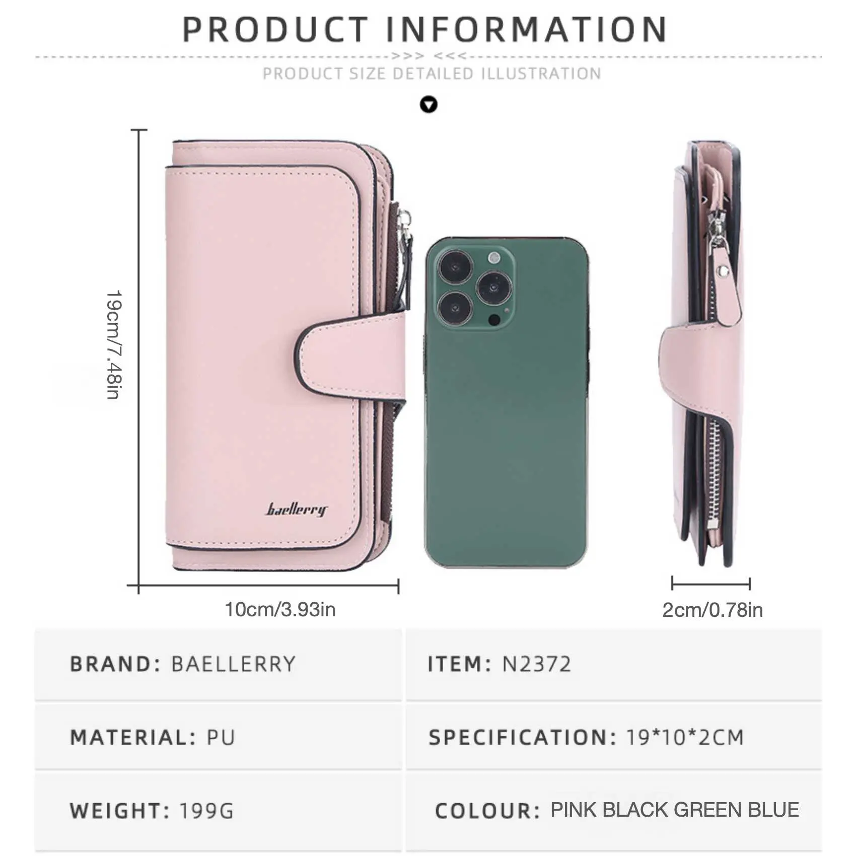 Large Capacity Women's Long Leather Wallet Zipper Buckle Multi-Card Triple Fold Coin Purse Clutch Bag Card Holder
