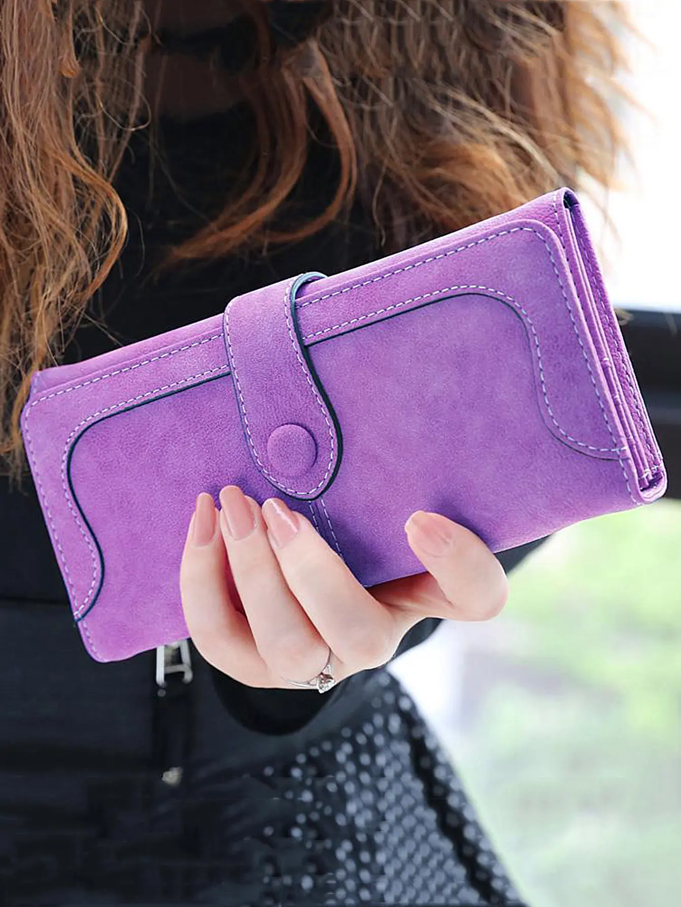 Retro frosted PU leather womens long wallet fashionable double fold zipper buckle wallet large capacity multi card slot handbag