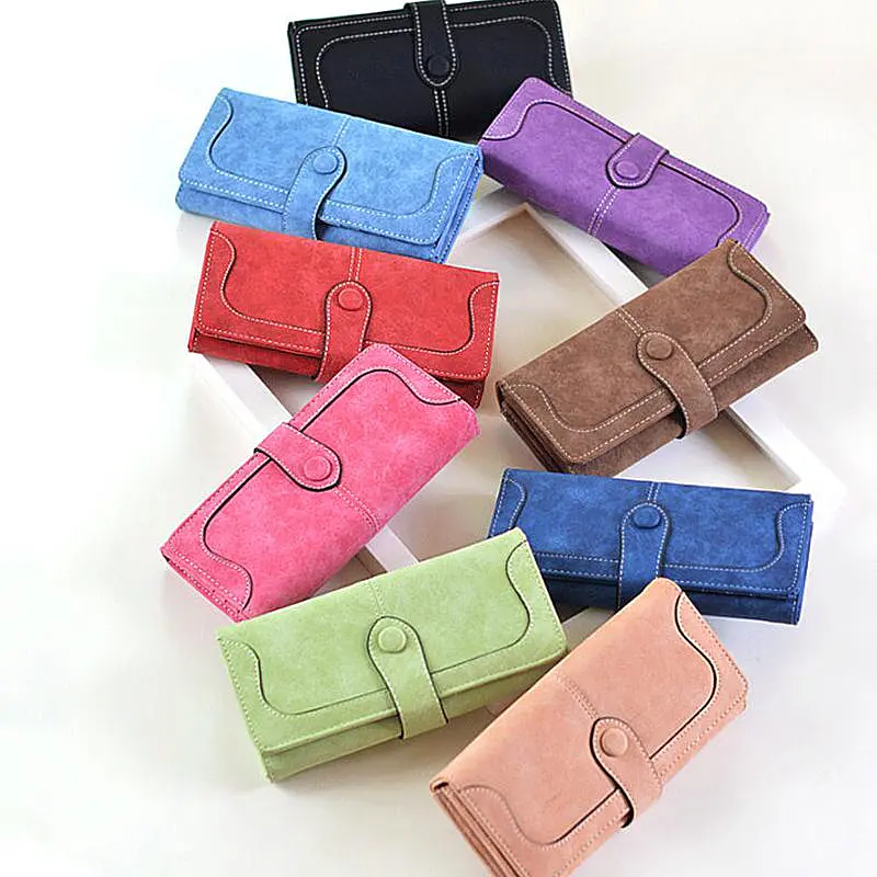 Retro frosted PU leather womens long wallet fashionable double fold zipper buckle wallet large capacity multi card slot handbag