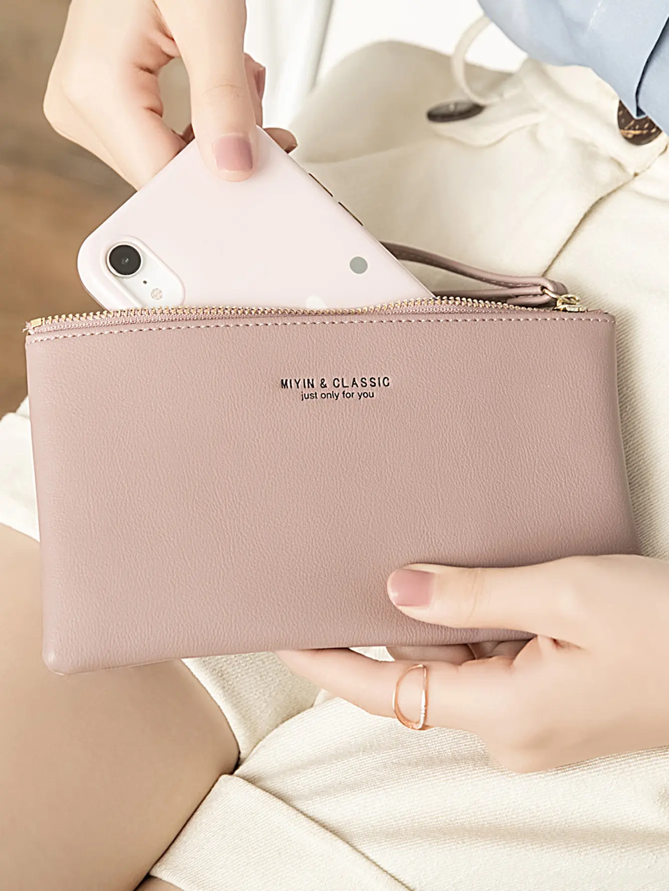 Simple Solid Color Thin Long Wallet PU Leather Large Capacity Zipper Wallet Classic Fashion Womens Handbag Can Hold Mobile Phone