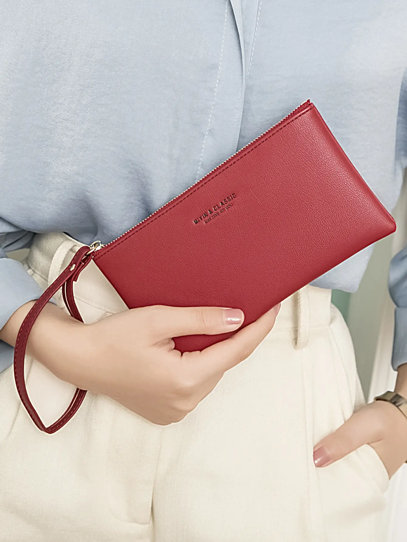 Simple Solid Color Thin Long Wallet PU Leather Large Capacity Zipper Wallet Classic Fashion Womens Handbag Can Hold Mobile Phone