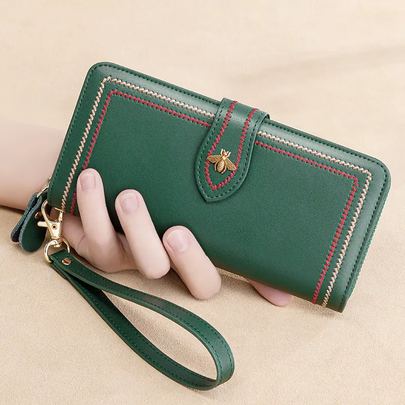 Women Card Holder Genuine Leather Wallets Clutch Female Purses Long Money Bag Zipper Coin Bee Luxury Brand Wristlet Phone Hasp