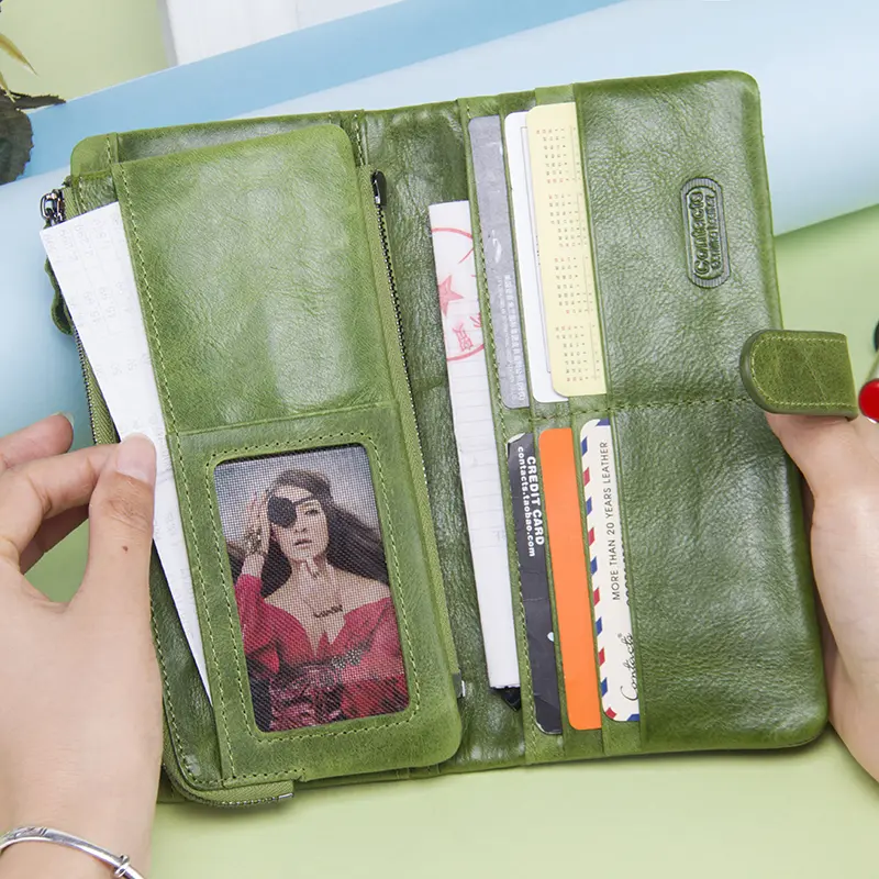 Contact's New Genuine Leather Wallet Fashion Coin Purse For Ladies Women Long Clutch Wallets With Cell Phone Bags Card Holder
