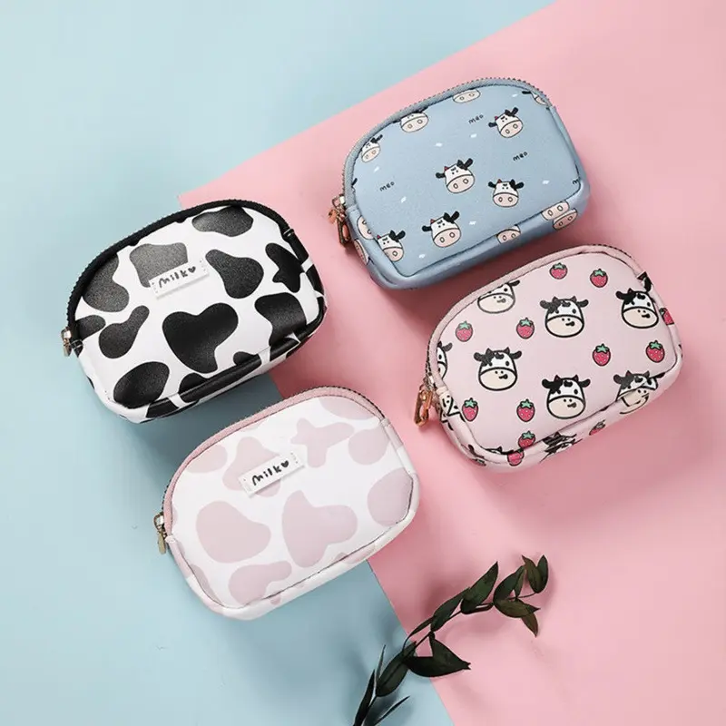 Women's Cute Wallet Cow Print PU Leather Business Card Holder Female Girl's Coin Purse Pouch Women Zipper Cartoon Wallet