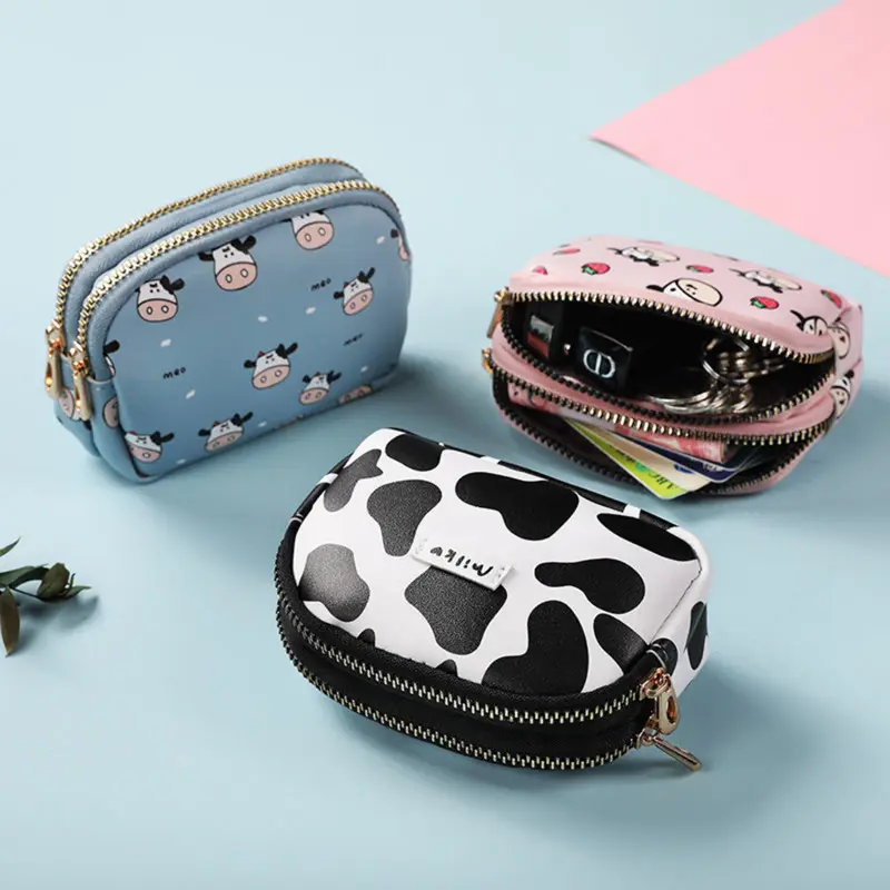 Women's Cute Wallet Cow Print PU Leather Business Card Holder Female Girl's Coin Purse Pouch Women Zipper Cartoon Wallet