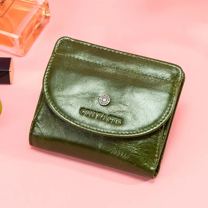 Contact's 100% Genuine Leather Wallet Green Women Small Coin Purse Mini Card Holder Wallets Mini Money Bag for Ladies Carteras