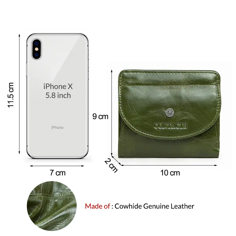 Contact's 100% Genuine Leather Wallet Green Women Small Coin Purse Mini Card Holder Wallets Mini Money Bag for Ladies Carteras
