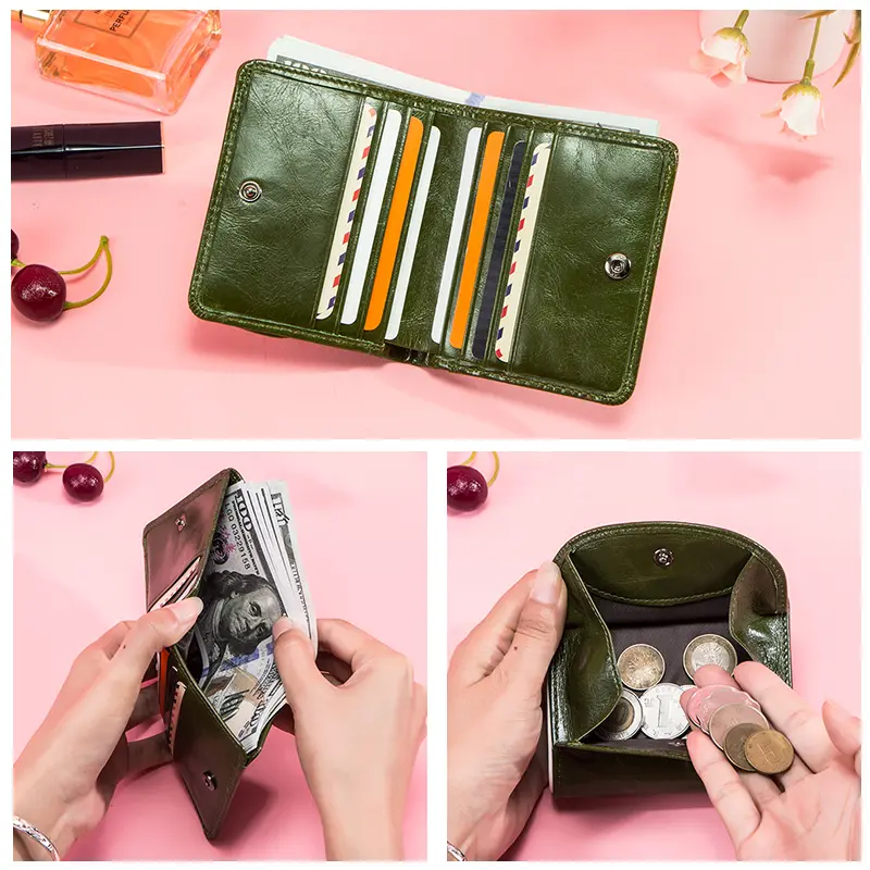 Contact's 100% Genuine Leather Wallet Green Women Small Coin Purse Mini Card Holder Wallets Mini Money Bag for Ladies Carteras
